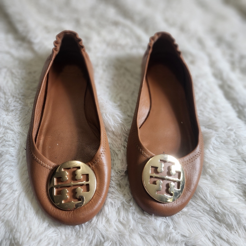 Tory Burch Ballet Flats Minnie Travel Light Brown Leather Shoes Size 8